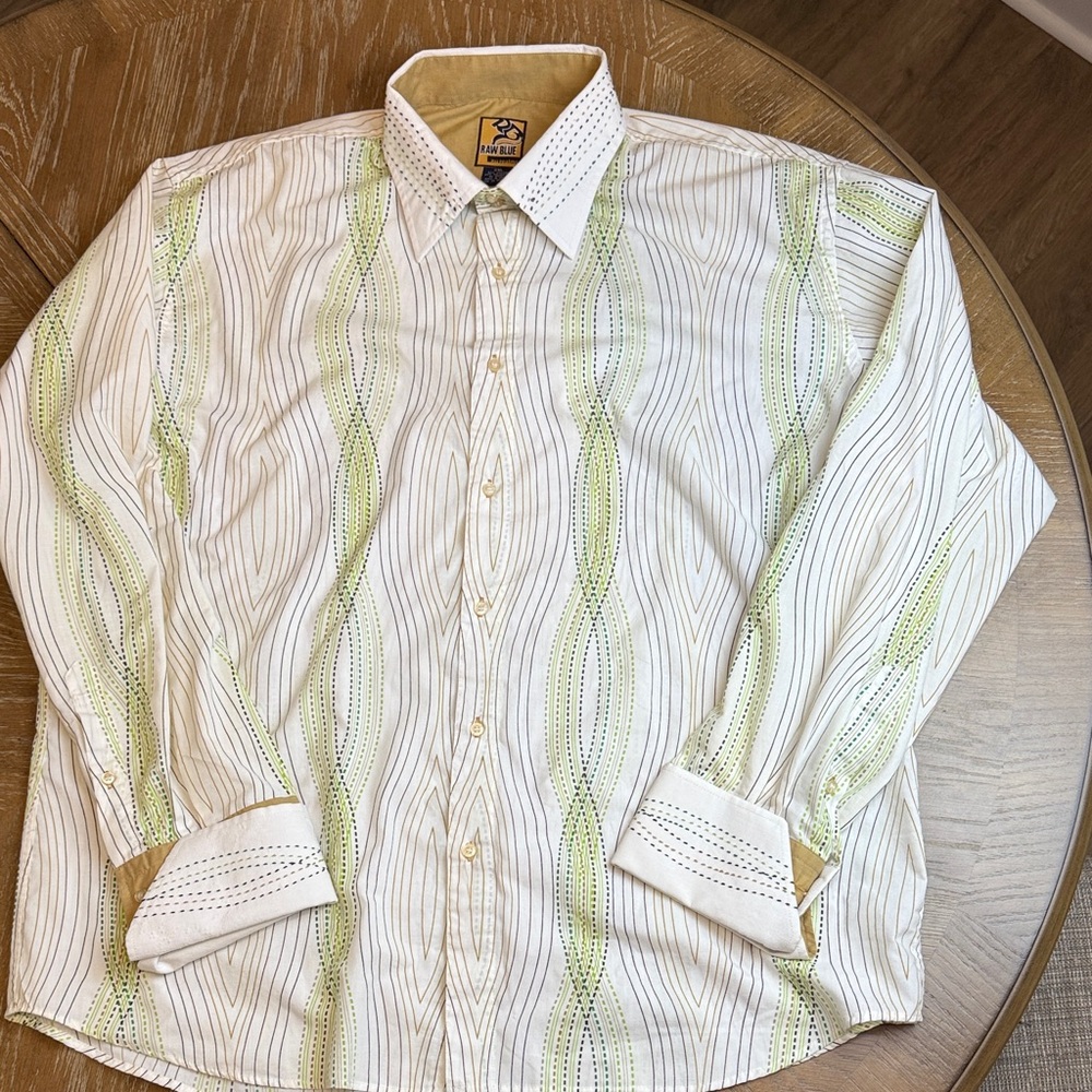 Raw Blue nu realms White , tan and Light Green Patterned Shirt